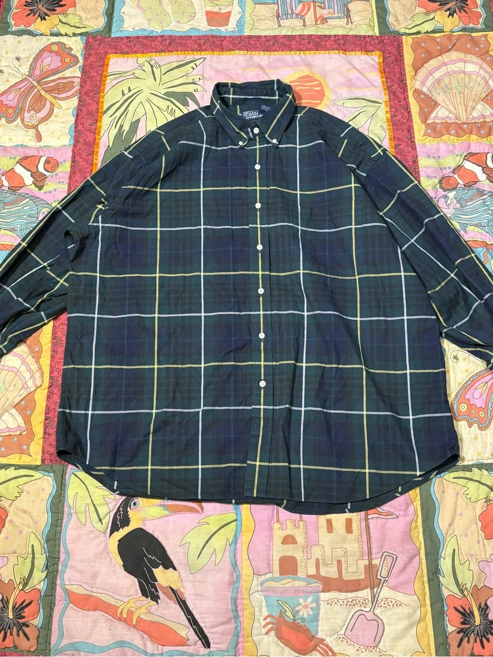 Polo Ralph Lauren Blue Green Plaid Flannel Button Down Shirt Mens XL Custom Fit